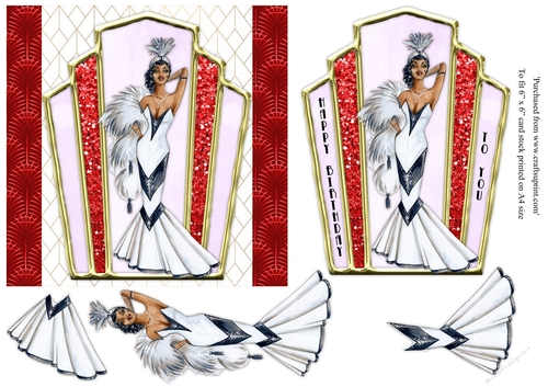Art Deco female birthday card topper for 6x6 card with lady in black and white gown.