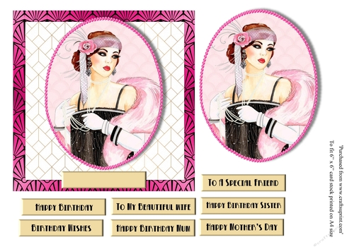 Art Deco female birthday card topper for 6x6 card with lady in black and pink 