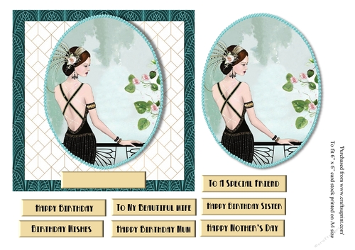 Art Deco female birthday card topper for 6x6 card with lady in black gown