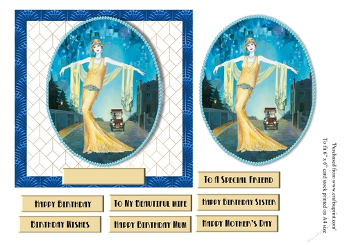 Art Deco female birthday card topper for 6x6 card with lady in yellow gown