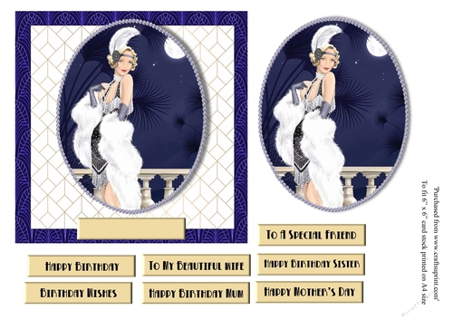 Art Deco female birthday card topper for 6x6 card with lady in moonlight