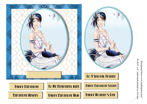 Art Deco female birthday card topper for 6x6 card with lady seated