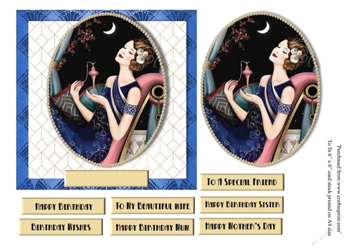Art Deco female birthday card topper for 6x6 card with lady seated with perfume