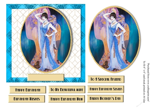 Art Deco female birthday card topper for 6x6 card with lady in turquoise dress