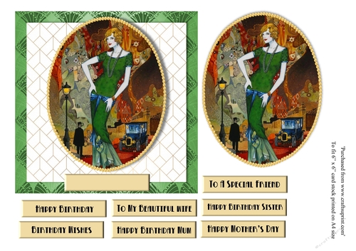 Art Deco female birthday card topper for 6x6 card with lady in green dress