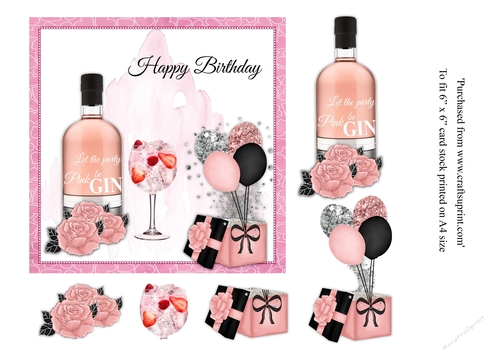 Pink Gin birthday card 6x6 topper