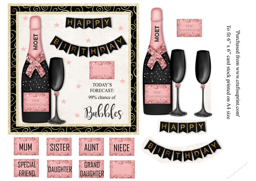 Pink Champagne birthday card 6x6 topper