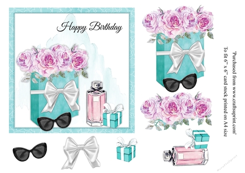 Breakfast at Tiffanys inspired flower and perfume card topper for 6x6 card