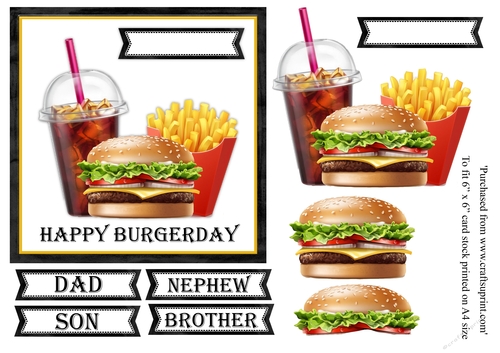 Cola, burger and fries birthday card topper for 6x6 card