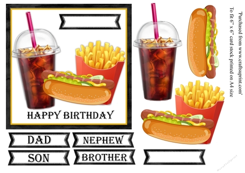 Cola, hotdog and fries birthday card topper for 6x6 card