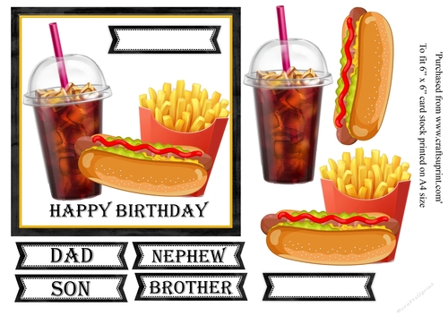 Cola, hotdog and fries birthday card topper for 6x6 card