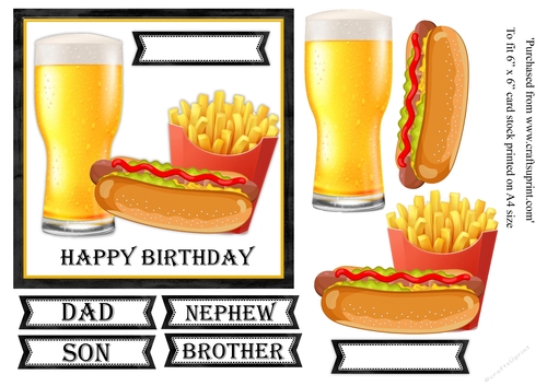 Beer, hotdog and fries birthday card topper for 6x6 card