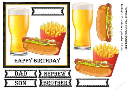 Beer, hotdog and fries birthday card topper for 6x6 card