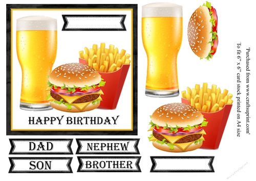 Beer, burger and fries birthday card topper for 6x6 card