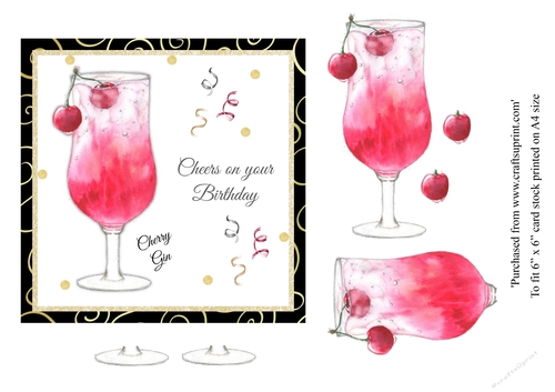 Cherry Gin Cocktail birthday card topper for 6x6 card