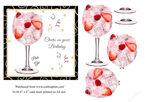 Pink Gin Cocktail birthday card topper for 6x6 card