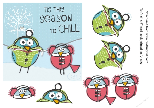 Cartoon Christmas birds topper for 6x6 card