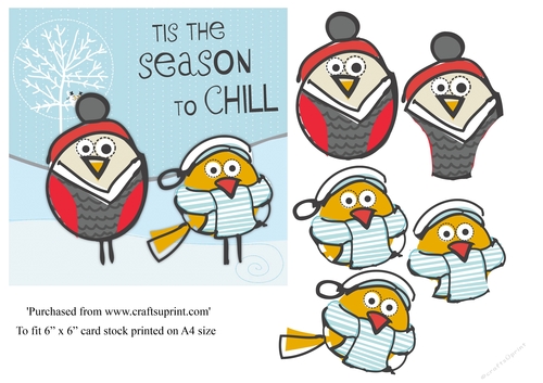 Cartoon Christmas birds topper for 6x6 card