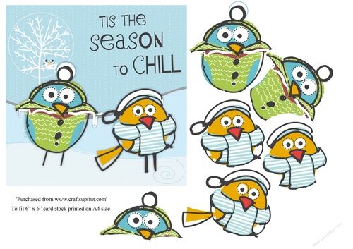 Cartoon Christmas birds topper for 6x6 card