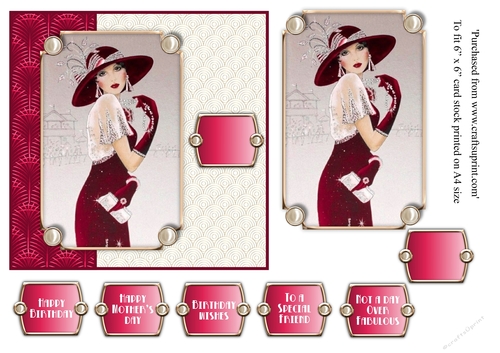 Female Art Deco lady with hat and pearls 6x6 card topper