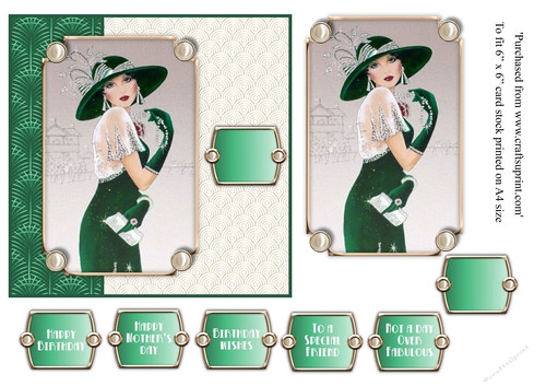 Female Art Deco lady with hat and pearls 6x6 card topper