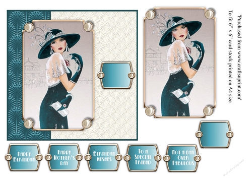 Female Art Deco lady with hat and pearls 6x6 card topper