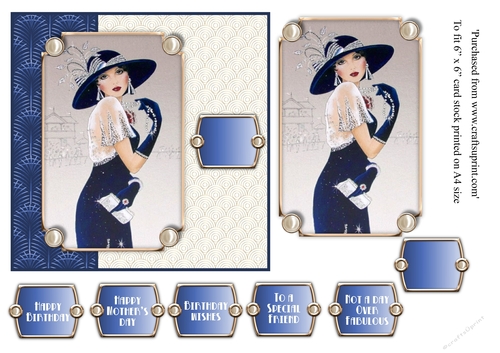 Female Art Deco lady with hat and pearls 6x6 card topper