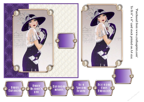 Female Art Deco lady with hat and pearls 6x6 card topper