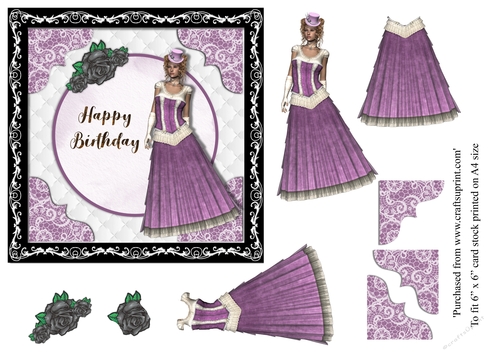 Steampunk Victorian Lady in purple card topper for 6x6 card