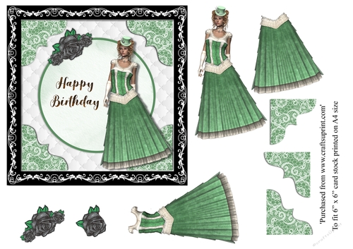 Steampunk Victorian Lady in green card topper for 6x6 card