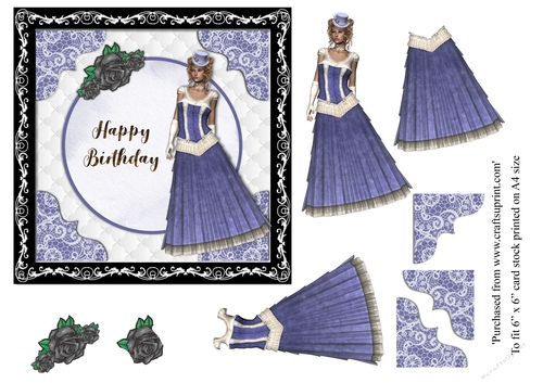 Steampunk Victorian Lady in blue card topper for 6x6 card