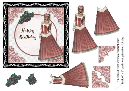 Steampunk Victorian Lady in red card topper for 6x6 card