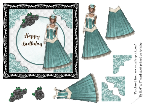 Steampunk Victorian Lady in teal card topper for 6x6 card