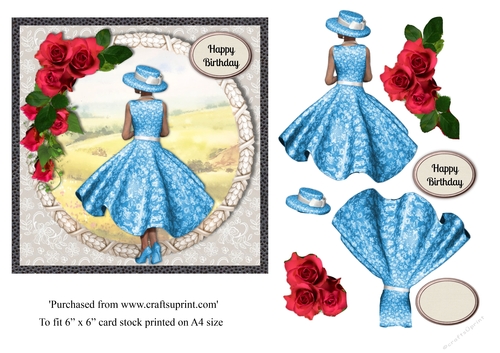 Lady in blue dress and red roses with country scene card topper for 6x6 card