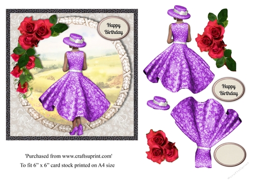 Lady in purple dress and red roses with country scene card topper for 6x6 card