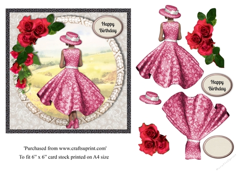 Lady in pink dress and red roses with country scene card topper for 6x6 card
