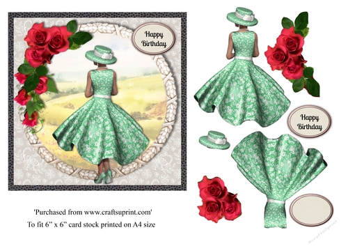 Lady in green dress and red roses with country scene card topper for 6x6 card