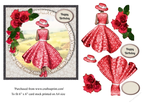Lady in red dress and red roses with country scene card topper for 6x6 card
