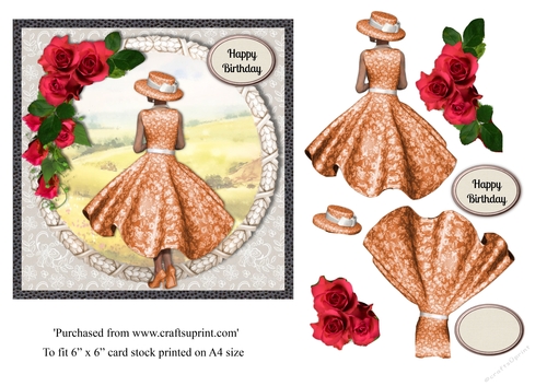 Lady in orange dress and red roses with country scene card topper for 6x6 card
