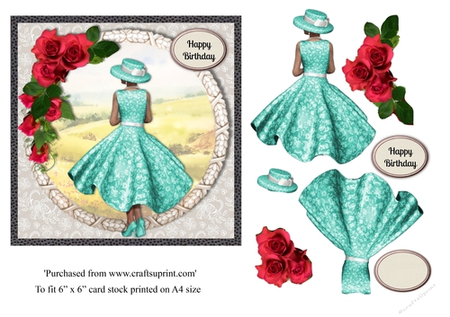 Lady in turquoise dress and red roses with country scene card topper for 6x6 card