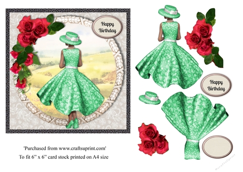 Lady in jade dress and red roses with country scene card topper for 6x6 card