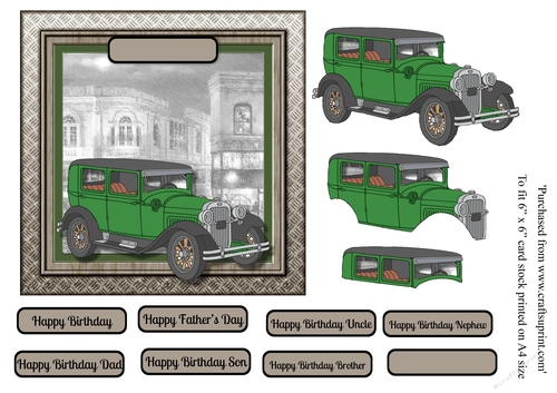 Fathers Day Green Vintage car card topper for 6x6 card with decoupage elements for 3D effect