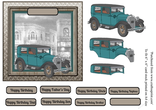Fathers Day Teal Vintage car card topper for 6x6 card with decoupage elements for 3D effect