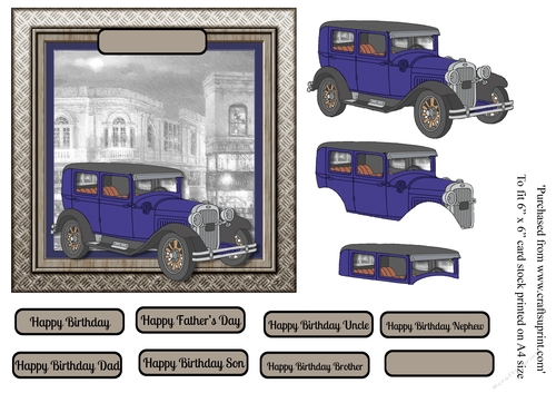 Fathers Day Blue Vintage car card topper for 6x6 card with decoupage elements for 3D effect