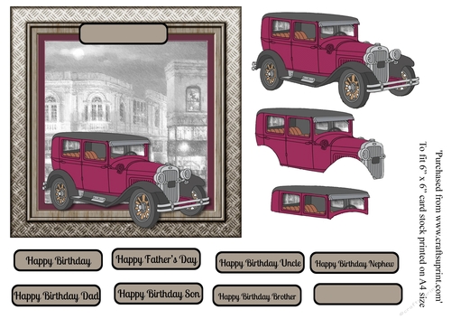 Fathers Day Maroon Vintage car card topper for 6x6 card with decoupage elements for 3D effect