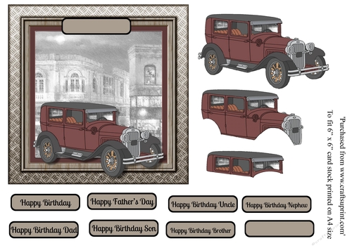 Fathers Day Brown Vintage car card topper for 6x6 card with decoupage elements for 3D effect