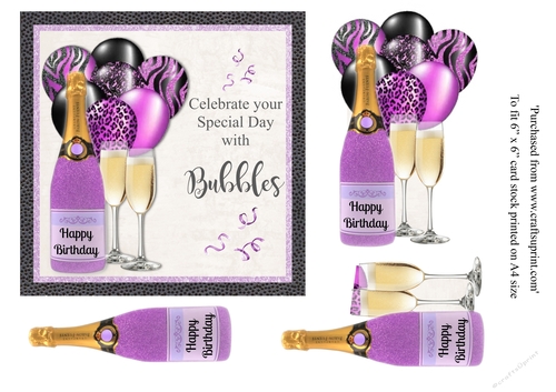 Purple Glitter bottle Champagne with matching balloons birthday card 6x6 topper 