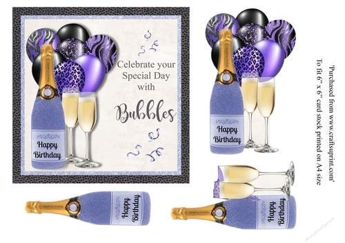 Blue Glitter bottle Champagne with matching balloons birthday card 6x6 topper 