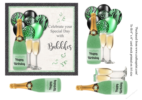 Green Glitter bottle Champagne with matching balloons birthday card 6x6 topper 