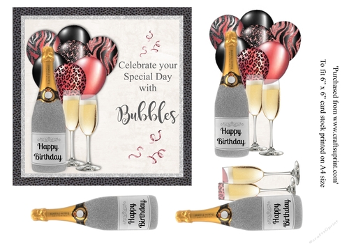 Silver Glitter bottle Champagne with matching balloons birthday card 6x6 topper 